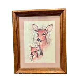 Vintage Deer & Fawn Print By Paul Whitney Hunter -Wooden Framed
